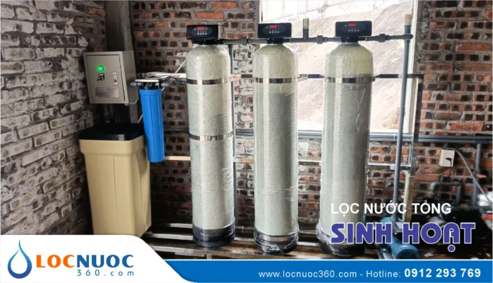 Hệ thống xử lý nước giếng khoan tiêu chuẩn: 3 Cột lọc và cốc lọc thô